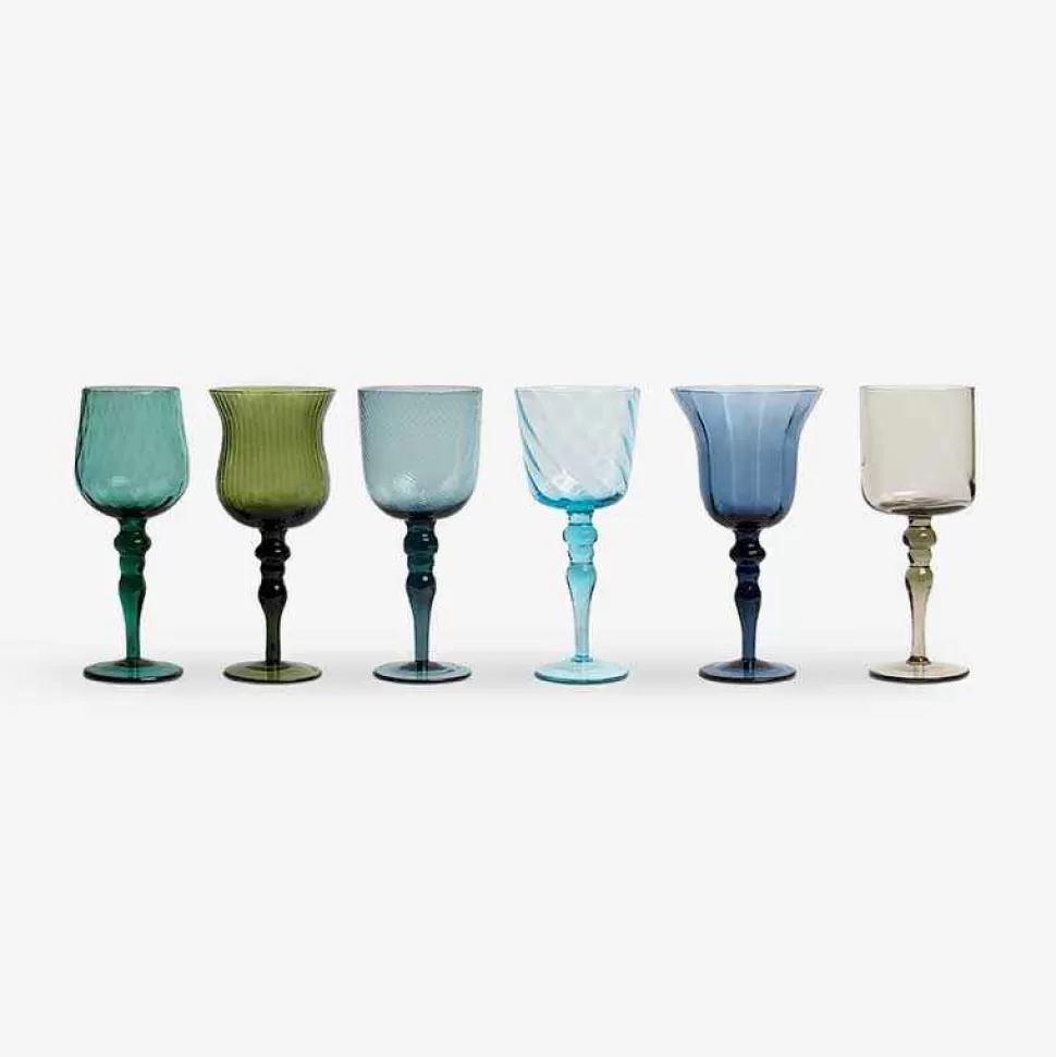 Tableware-Bitossi Home Set Of 6 Glasses Assorted Shapes Texture Nuances Blue Green - White Wine