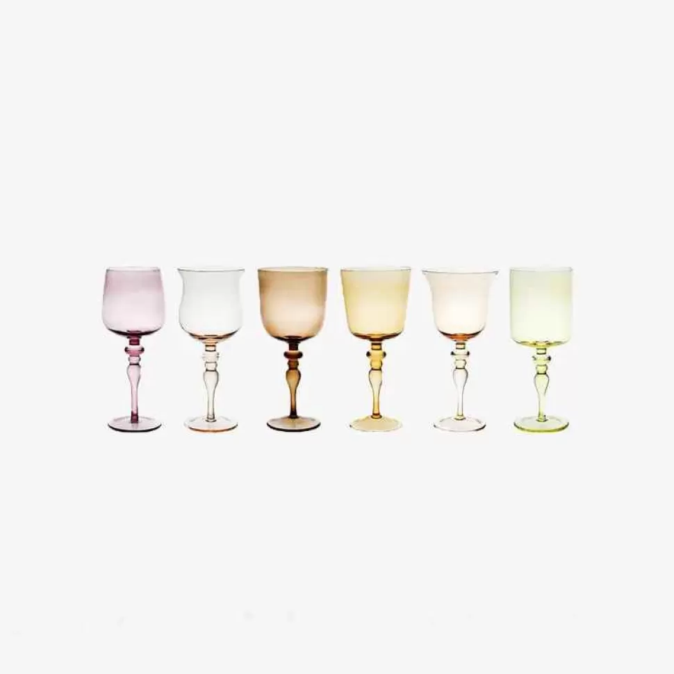 Tableware-Bitossi Home Set Of 6 Goblets Adorned Stems Mixed Shapes - Amber Pink
