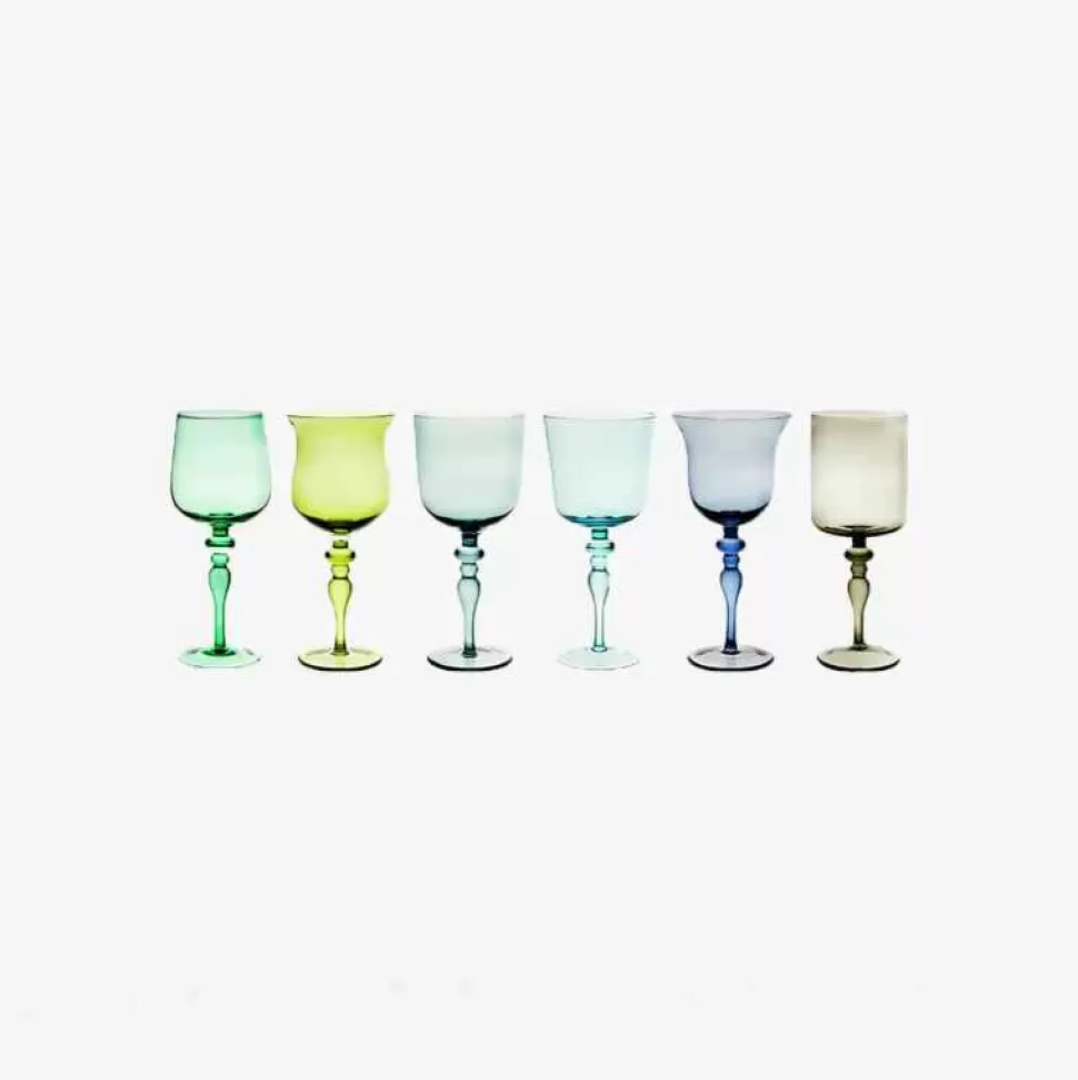 Tableware-Bitossi Home Set Of 6 Goblets Adorned Stems Mixed Shapes - Blue Green