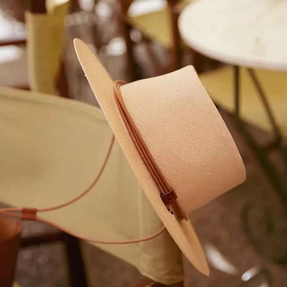 Accessories-Officina Del Poggio Panama Straw O' Keeffe Hat With Tan Leather Natural Tan